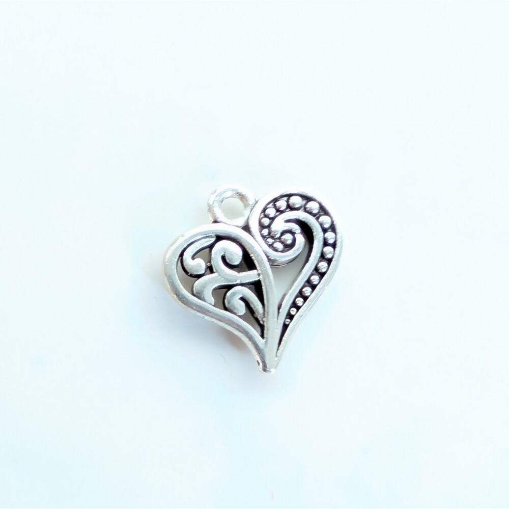 Vintage Ornate Silver Tone Scrolling Filigree Boho Style Textured Heart Charm